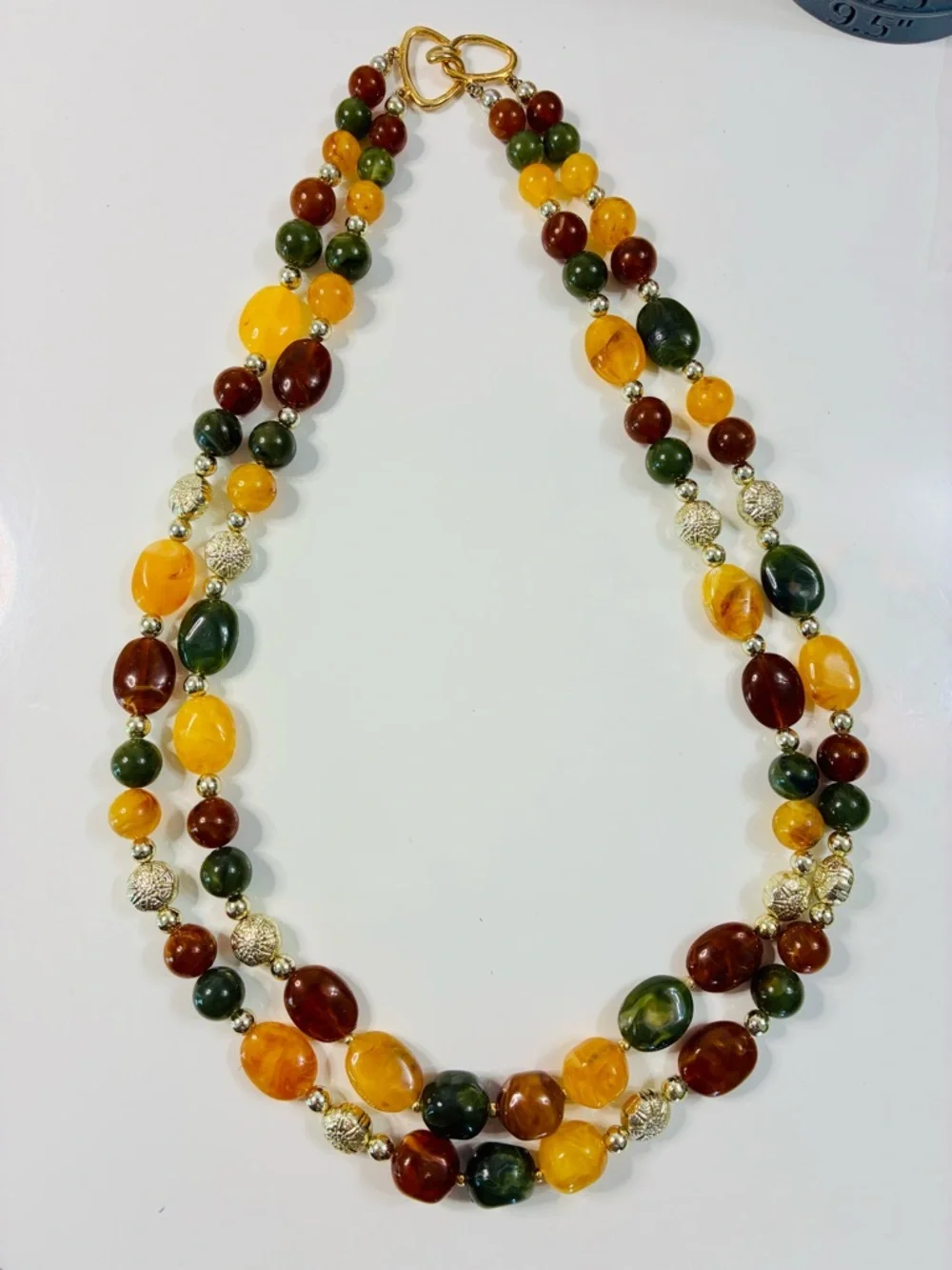 VTG Multi-Strand Amber, Green & Brown Beaded Necklace Earthy Natural Tones EUC